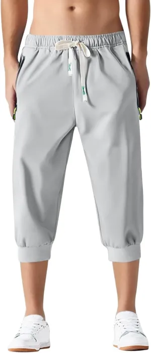 Mens Causal Shorts Slim Fit Elastic Waist Stretch Athletic Summer Shorts Lightweight Drawstring Workout Hiking Capri Pants