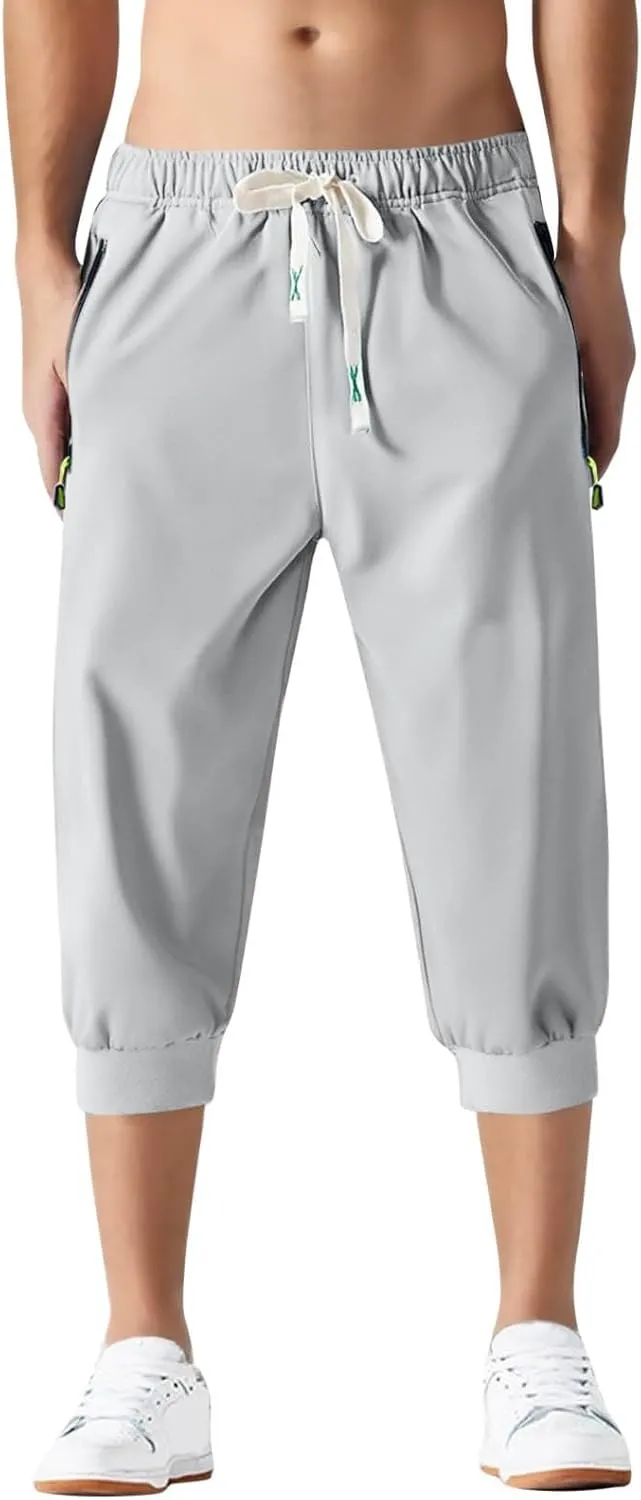 Mens Causal Shorts Slim Fit Elastic Waist Stretch Athletic Summer Shorts Lightweight Drawstring Workout Hiking Capri Pants