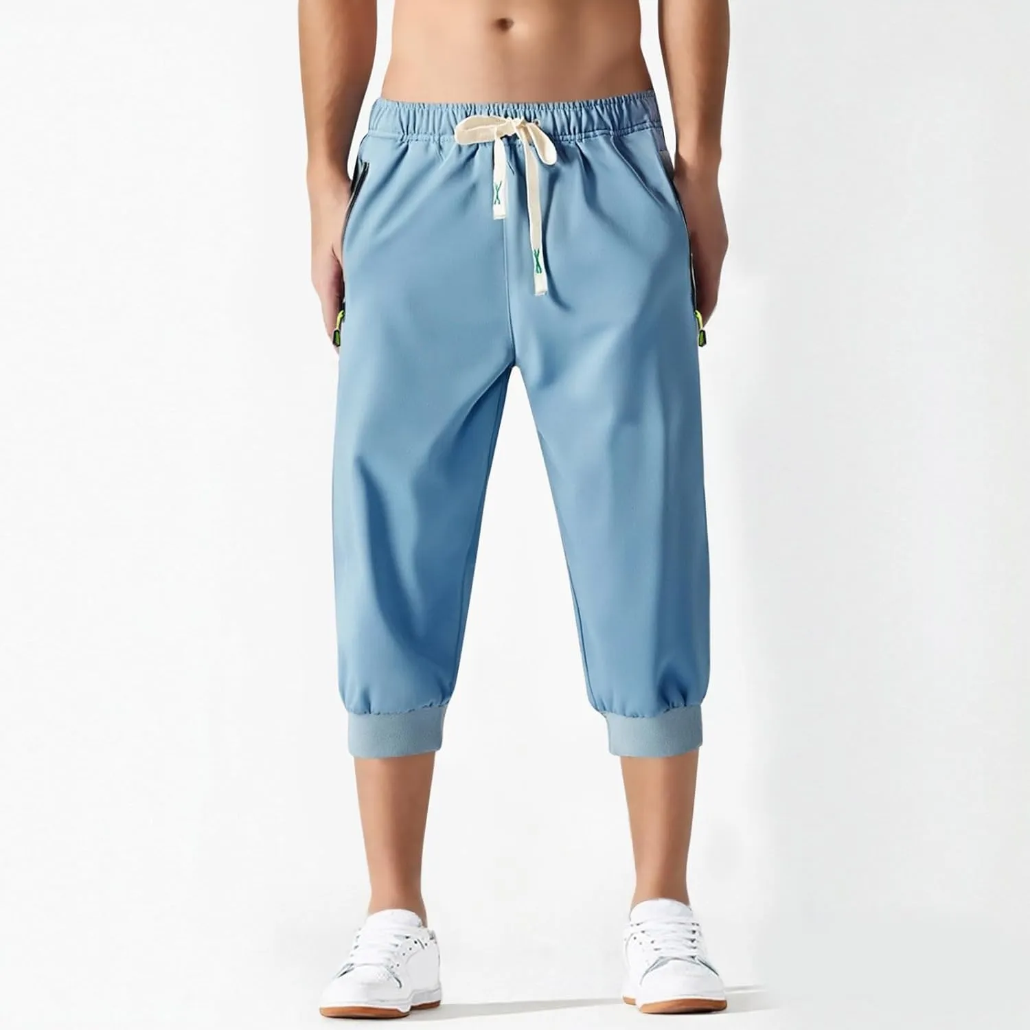 Mens Causal Shorts Slim Fit Elastic Waist Stretch Athletic Summer Shorts Lightweight Drawstring Workout Hiking Capri Pants