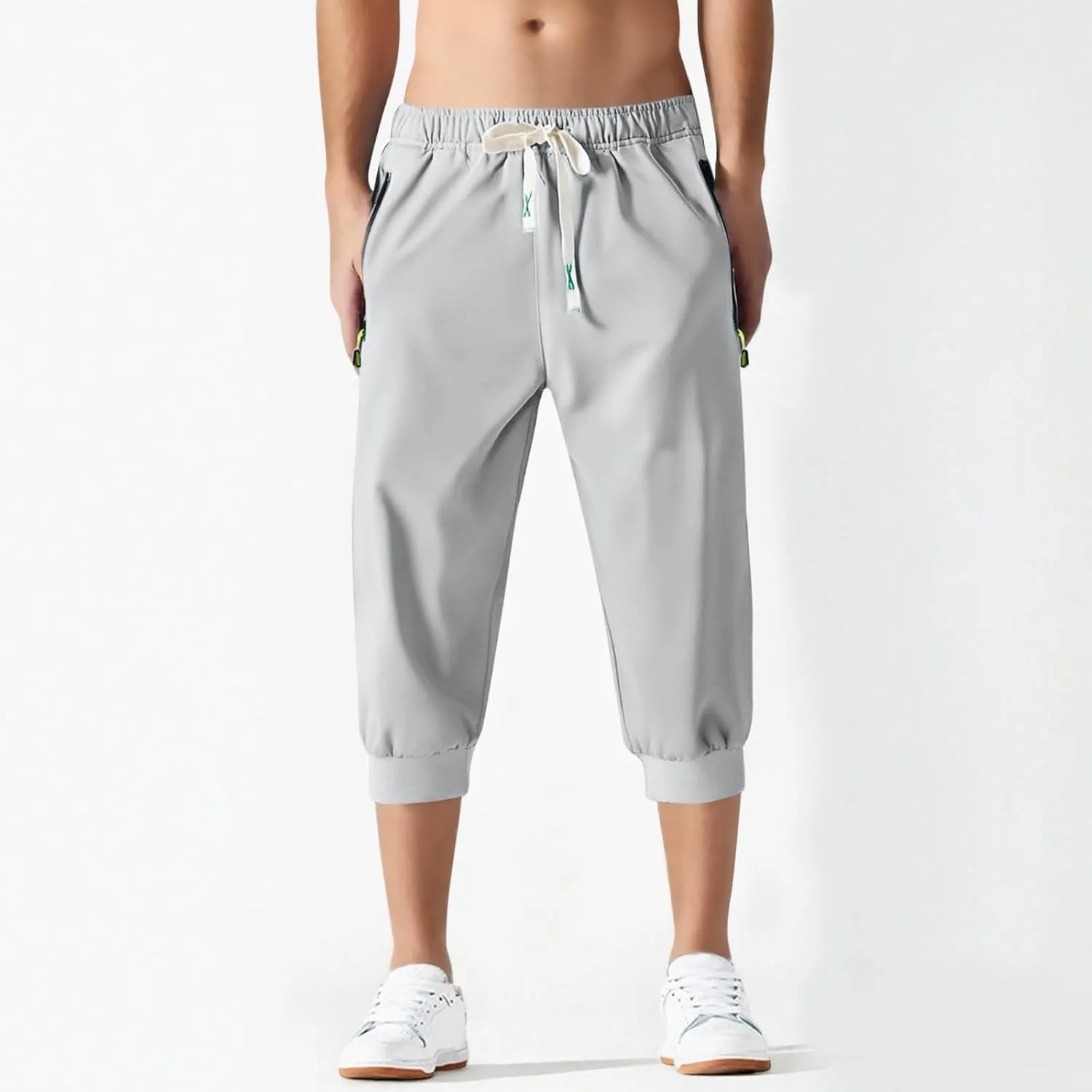Mens Causal Shorts Slim Fit Elastic Waist Stretch Athletic Summer Shorts Lightweight Drawstring Workout Hiking Capri Pants