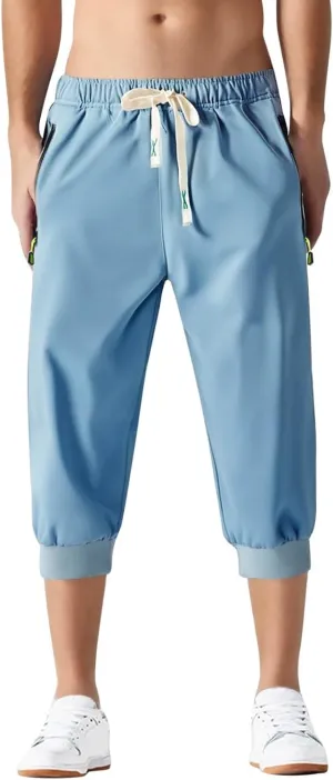 Mens Causal Shorts Slim Fit Elastic Waist Stretch Athletic Summer Shorts Lightweight Drawstring Workout Hiking Capri Pants