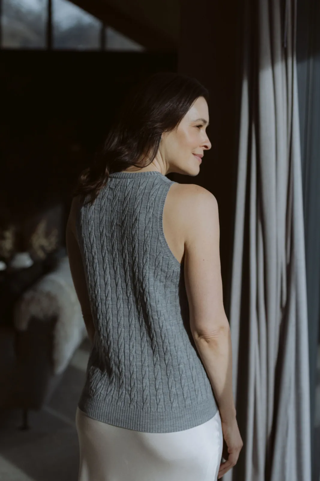 Merino Cable Singlet - Ash Marle