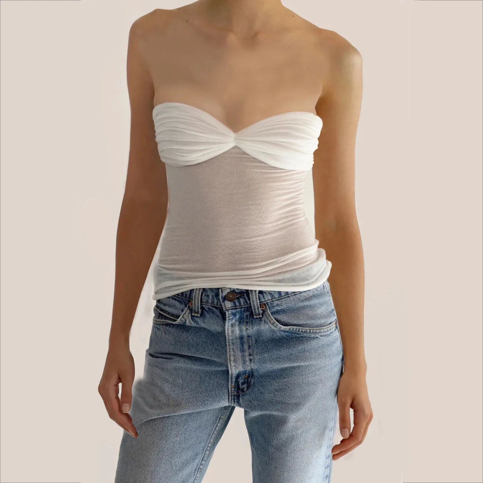Mesh Strapless Bustier Off-shoulder Sleeveless Knit Cropped Cami Top