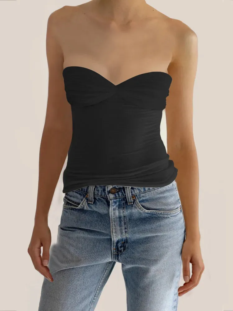 Mesh Strapless Bustier Off-shoulder Sleeveless Knit Cropped Cami Top