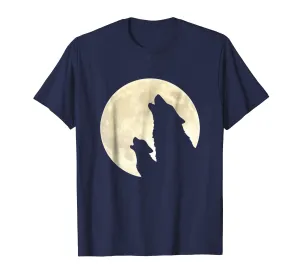Mother Pup Wolves Silhouette Howling Full Yellow Moon Tshirt