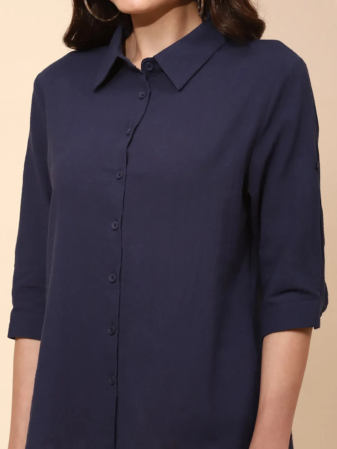 Navy Blue Cotton Regular Fit Shirt For Women