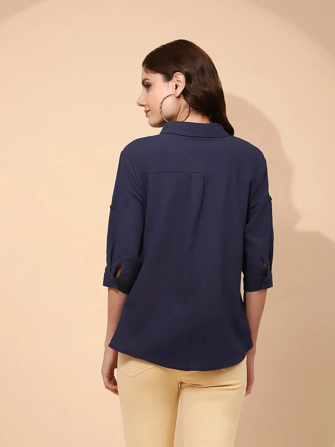Navy Blue Cotton Regular Fit Shirt For Women