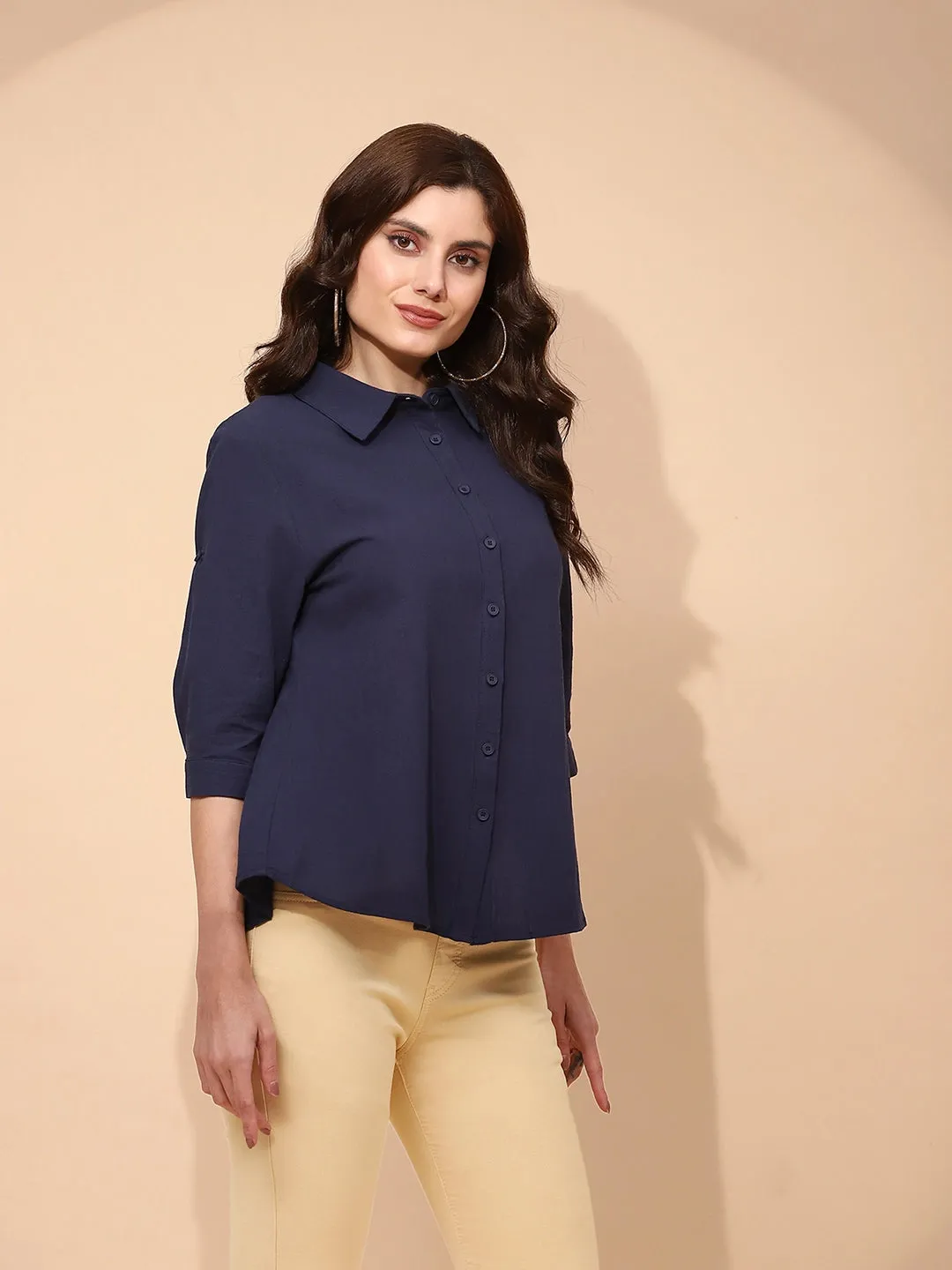 Navy Blue Cotton Regular Fit Shirt For Women