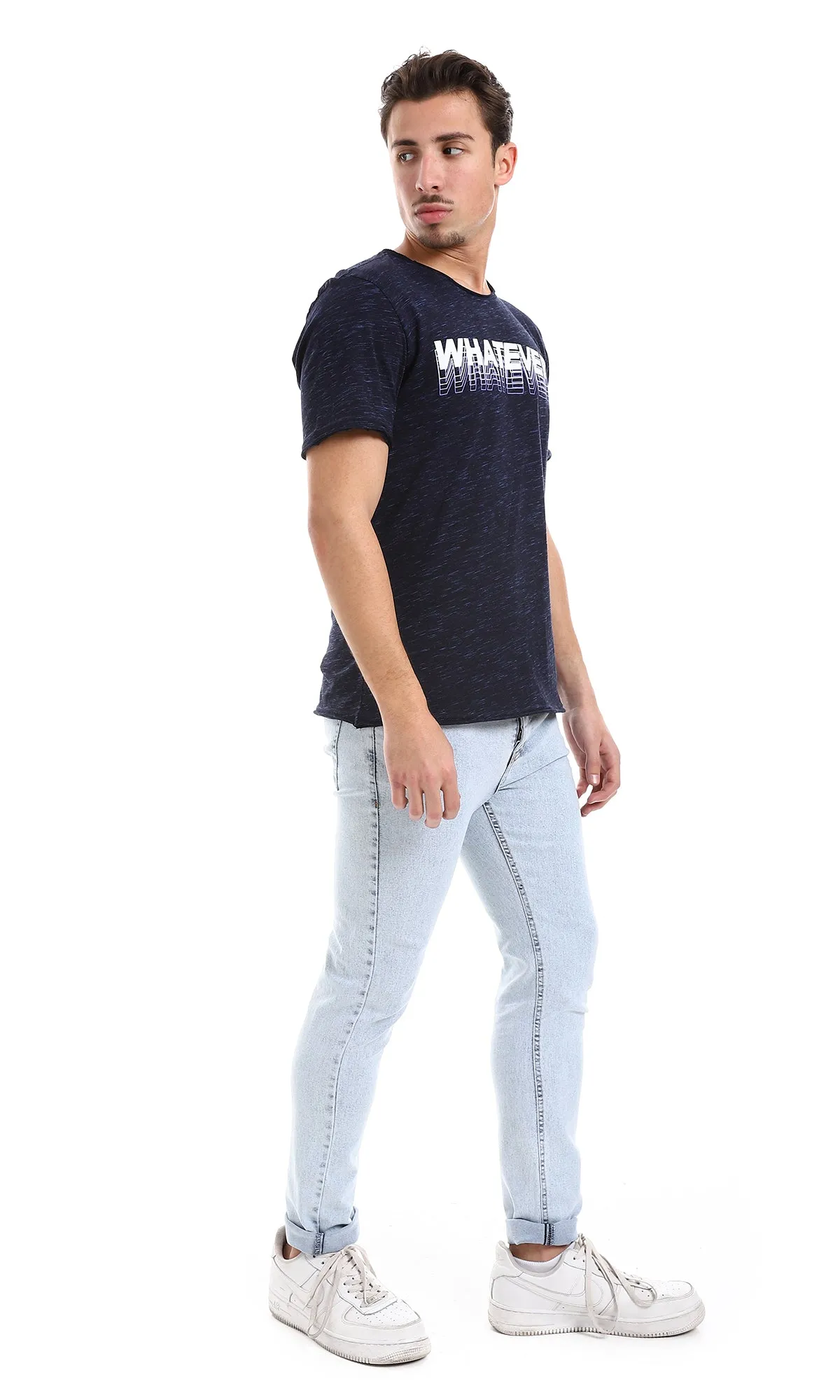 O164598 "Whatever" Printed Tee - Heather Navy Blue, Purple & White