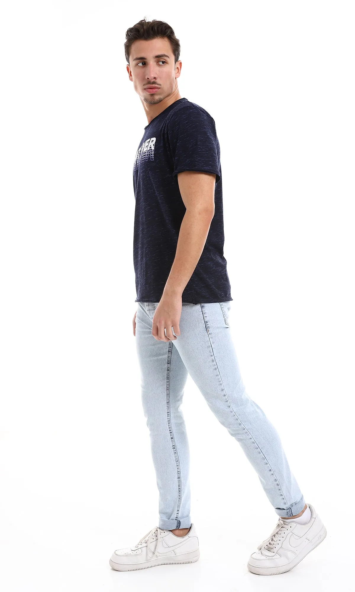 O164598 "Whatever" Printed Tee - Heather Navy Blue, Purple & White