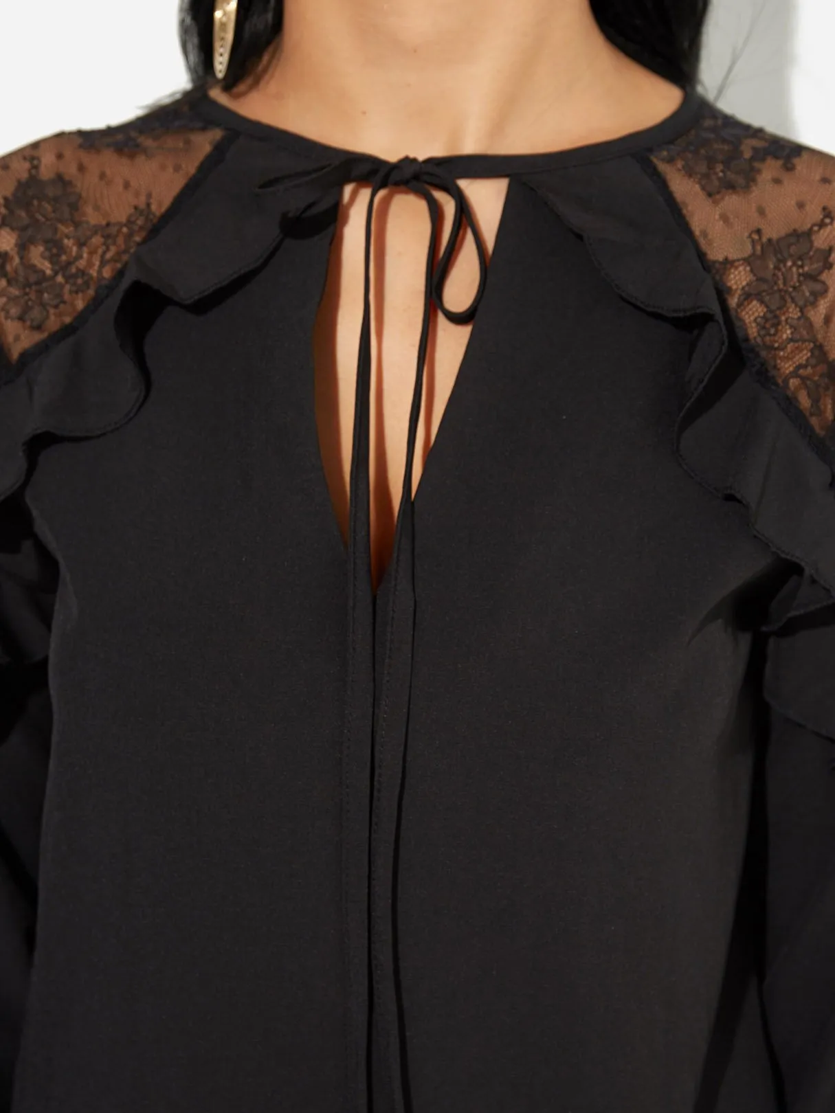 OEM ODM V-Neck Lace Self-Tie Long Sleeve Black Blouses