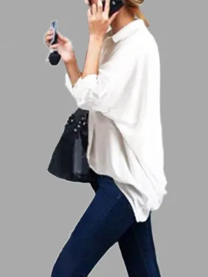 OEM ODM V-Neck Plain Long Sleeve Irregular Hem White Blouses