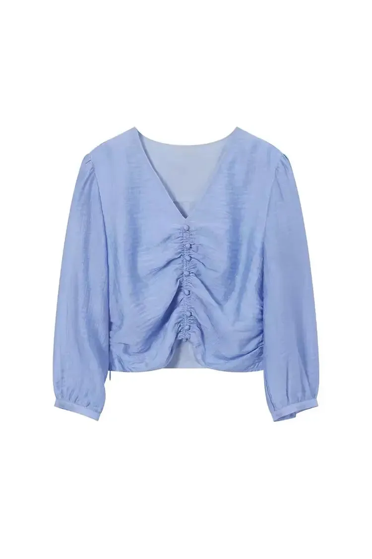 Pleated V-Neck Short Sleeve Shirt