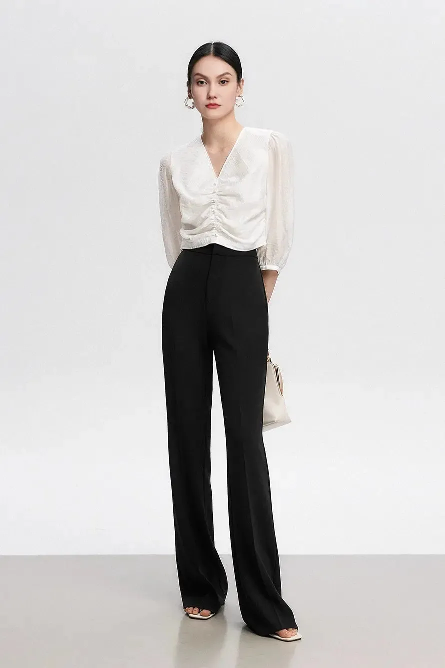 Pleated V-Neck Short Sleeve Shirt