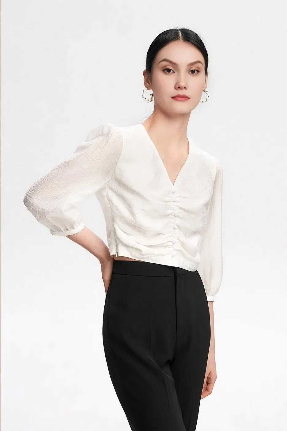 Pleated V-Neck Short Sleeve Shirt