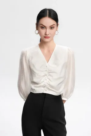 Pleated V-Neck Short Sleeve Shirt