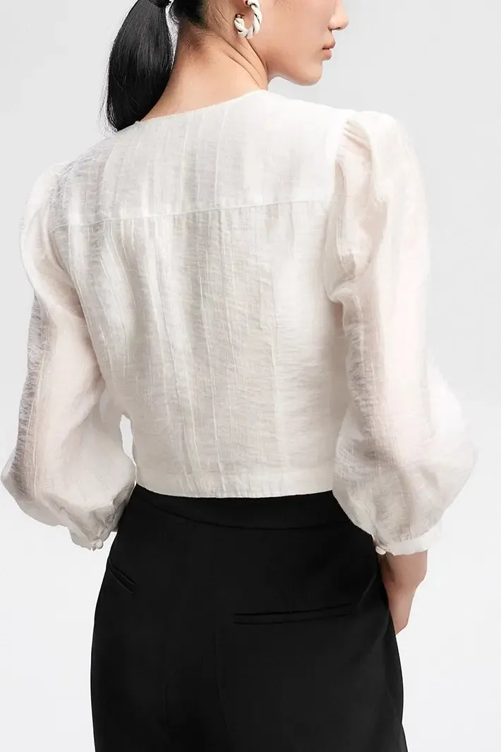 Pleated V-Neck Short Sleeve Shirt