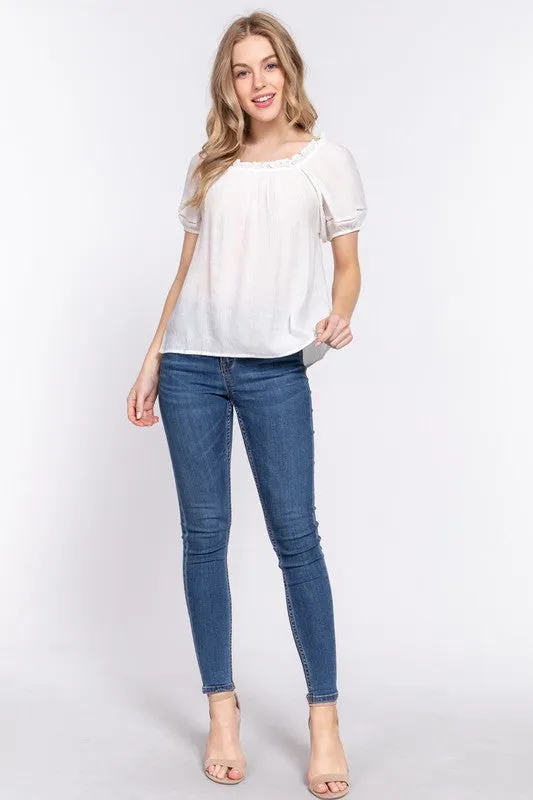 Puff Short Sleeve Round Neck Lace Detail Shirring Woven Top