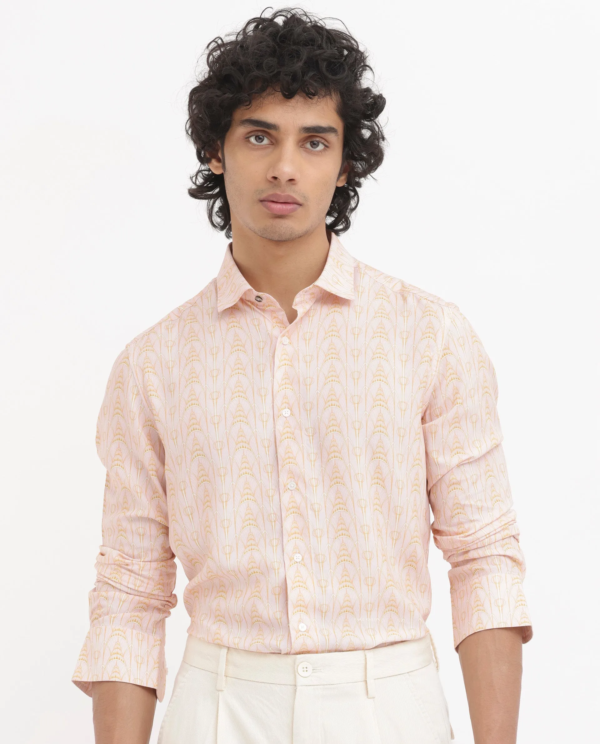 Rare Rabbit Mens Dalime Pastel Pink Viscose Fabric Full Sleeves Geometric Print Shirt