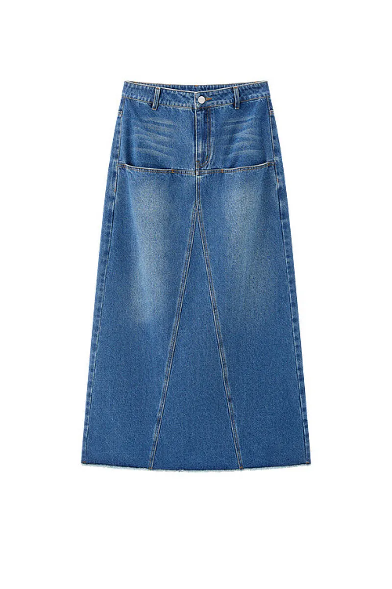 Reconstructed High-Rise Denim Maxi Skirt with Raw Hem