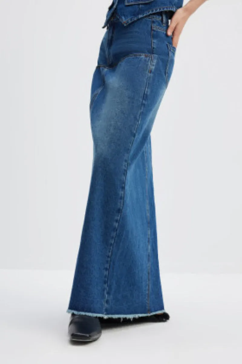Reconstructed High-Rise Denim Maxi Skirt with Raw Hem