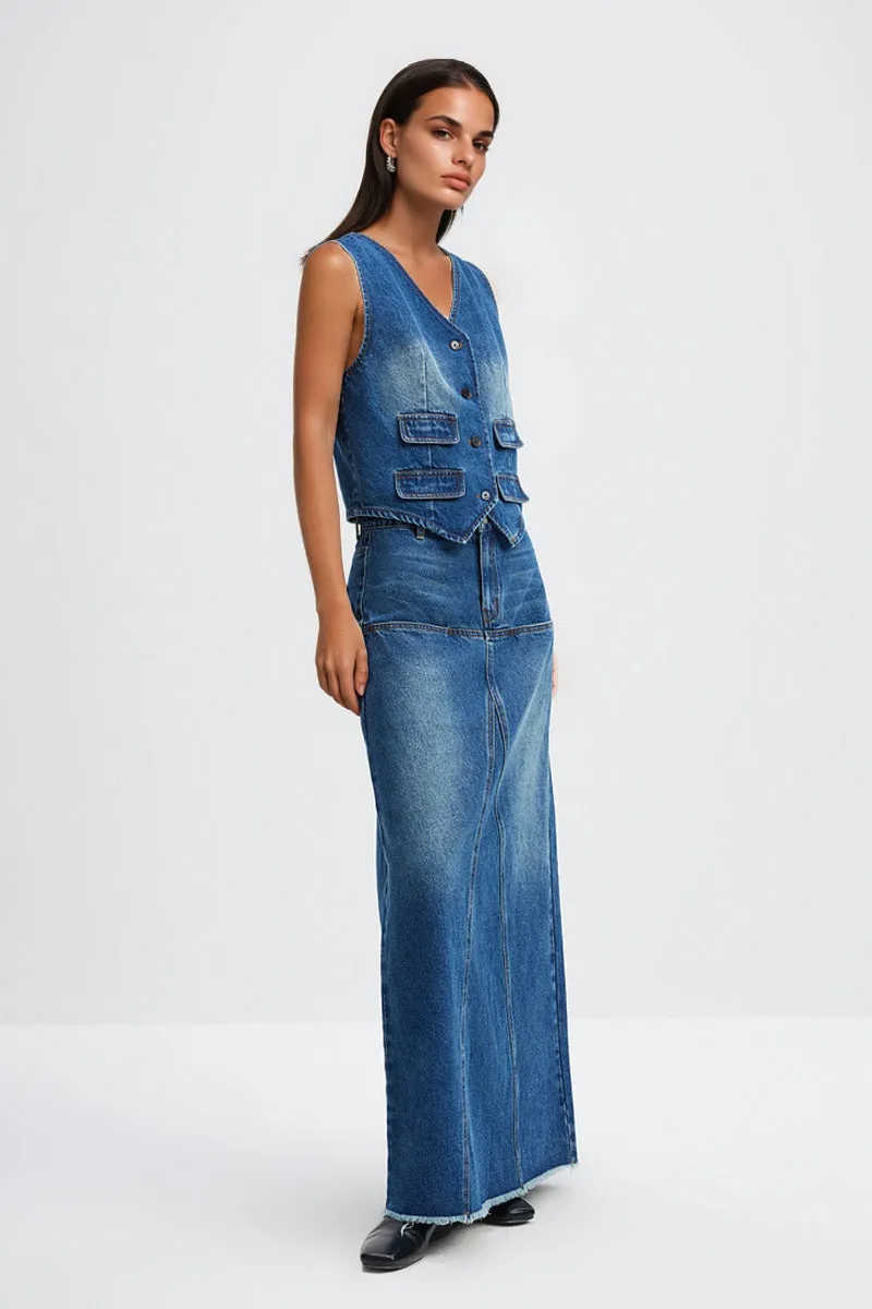 Reconstructed High-Rise Denim Maxi Skirt with Raw Hem
