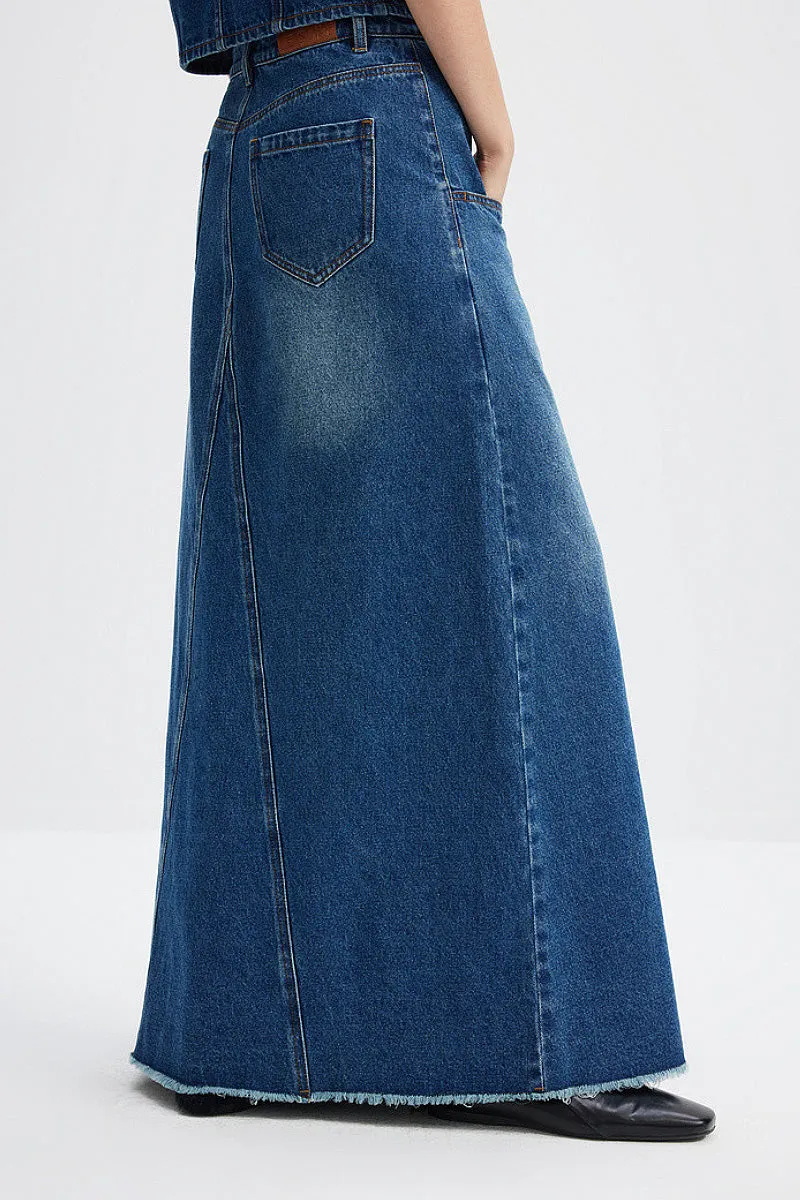 Reconstructed High-Rise Denim Maxi Skirt with Raw Hem