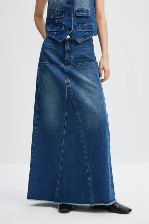 Reconstructed High-Rise Denim Maxi Skirt with Raw Hem