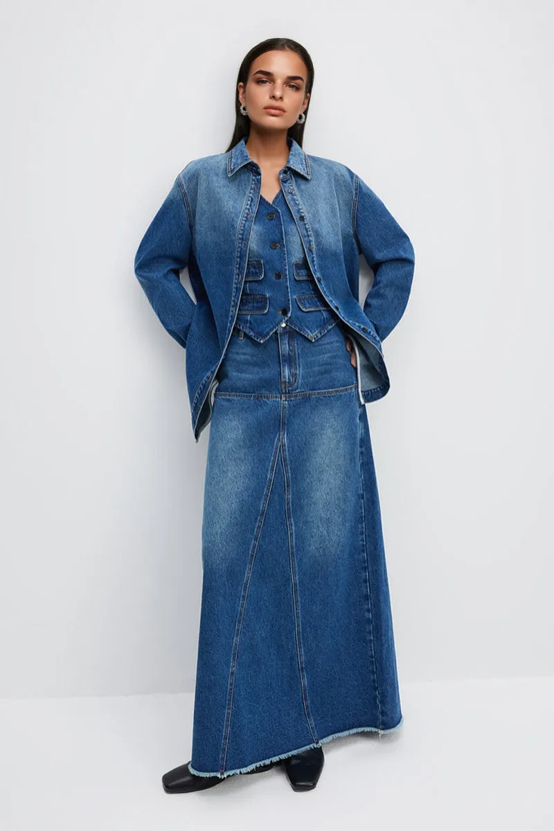 Reconstructed High-Rise Denim Maxi Skirt with Raw Hem