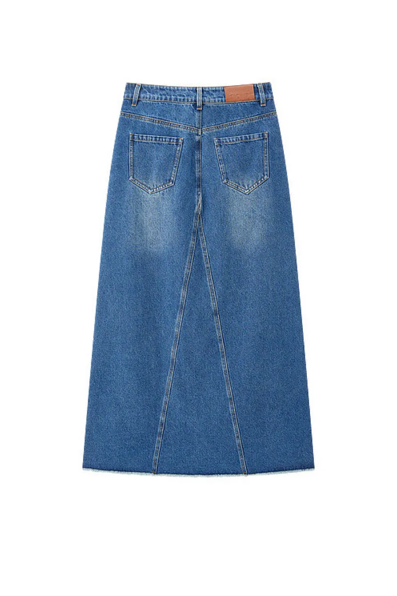 Reconstructed High-Rise Denim Maxi Skirt with Raw Hem