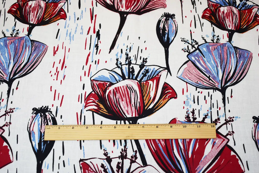 Red-White-Multi Floral Rain Printed Linen Woven Fabric