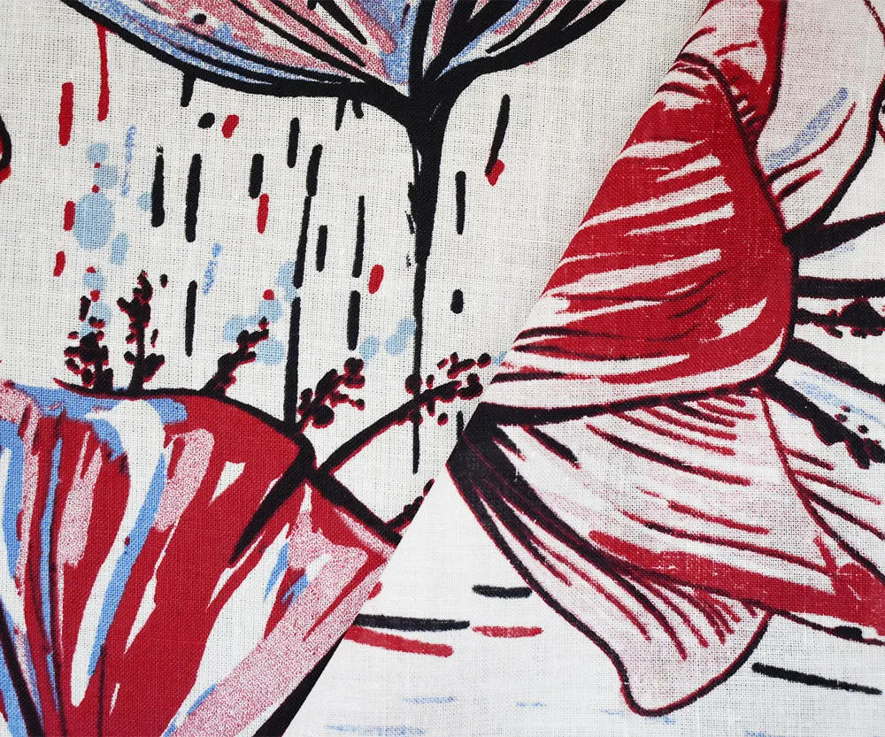 Red-White-Multi Floral Rain Printed Linen Woven Fabric