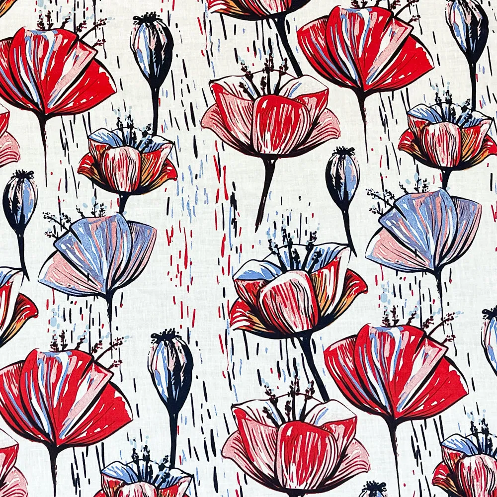 Red-White-Multi Floral Rain Printed Linen Woven Fabric