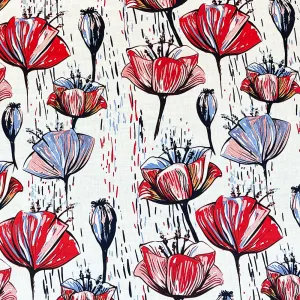 Red-White-Multi Floral Rain Printed Linen Woven Fabric