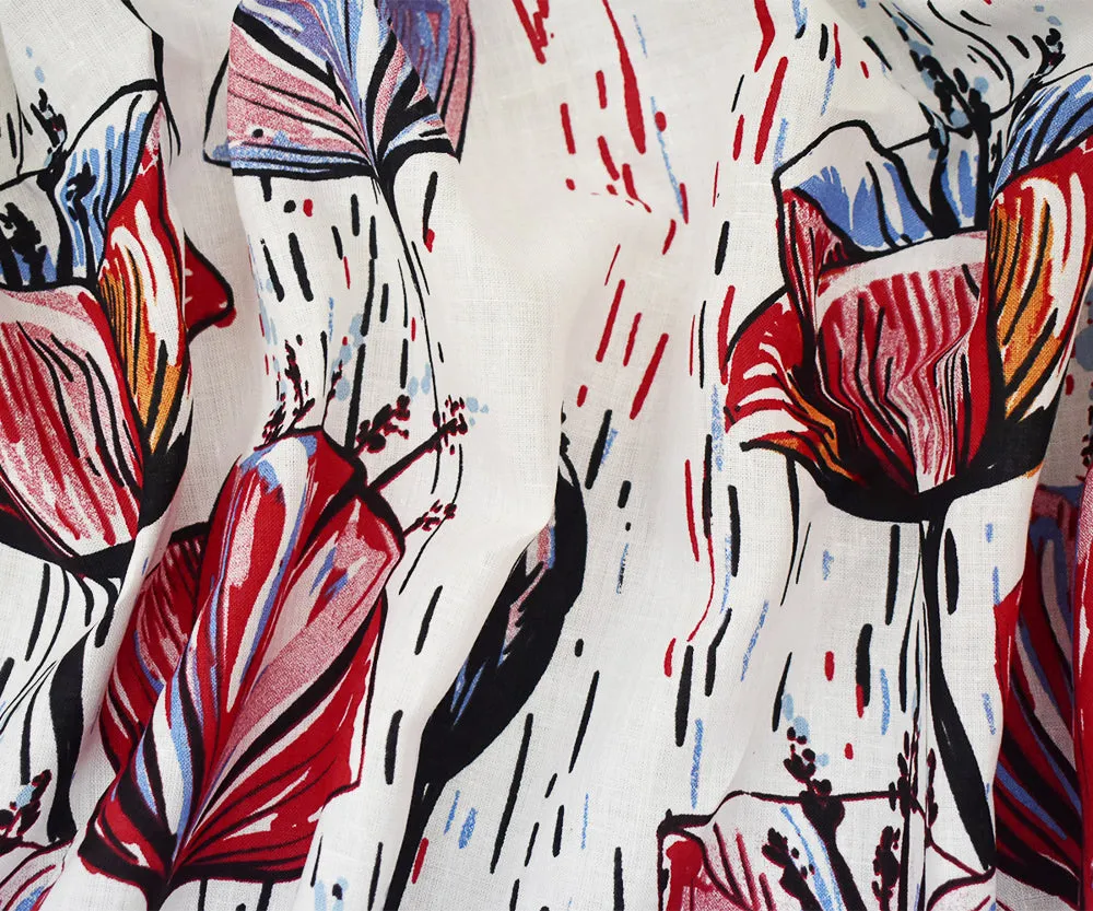 Red-White-Multi Floral Rain Printed Linen Woven Fabric