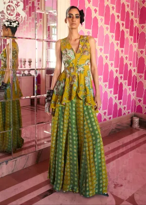 Retro Raani Yellow Sage Peplum Sharara Set