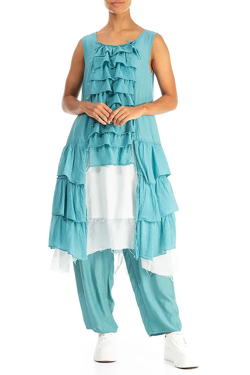 Ruffled Layered Turquoise Silk Cotton Tunic