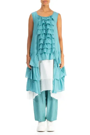 Ruffled Layered Turquoise Silk Cotton Tunic