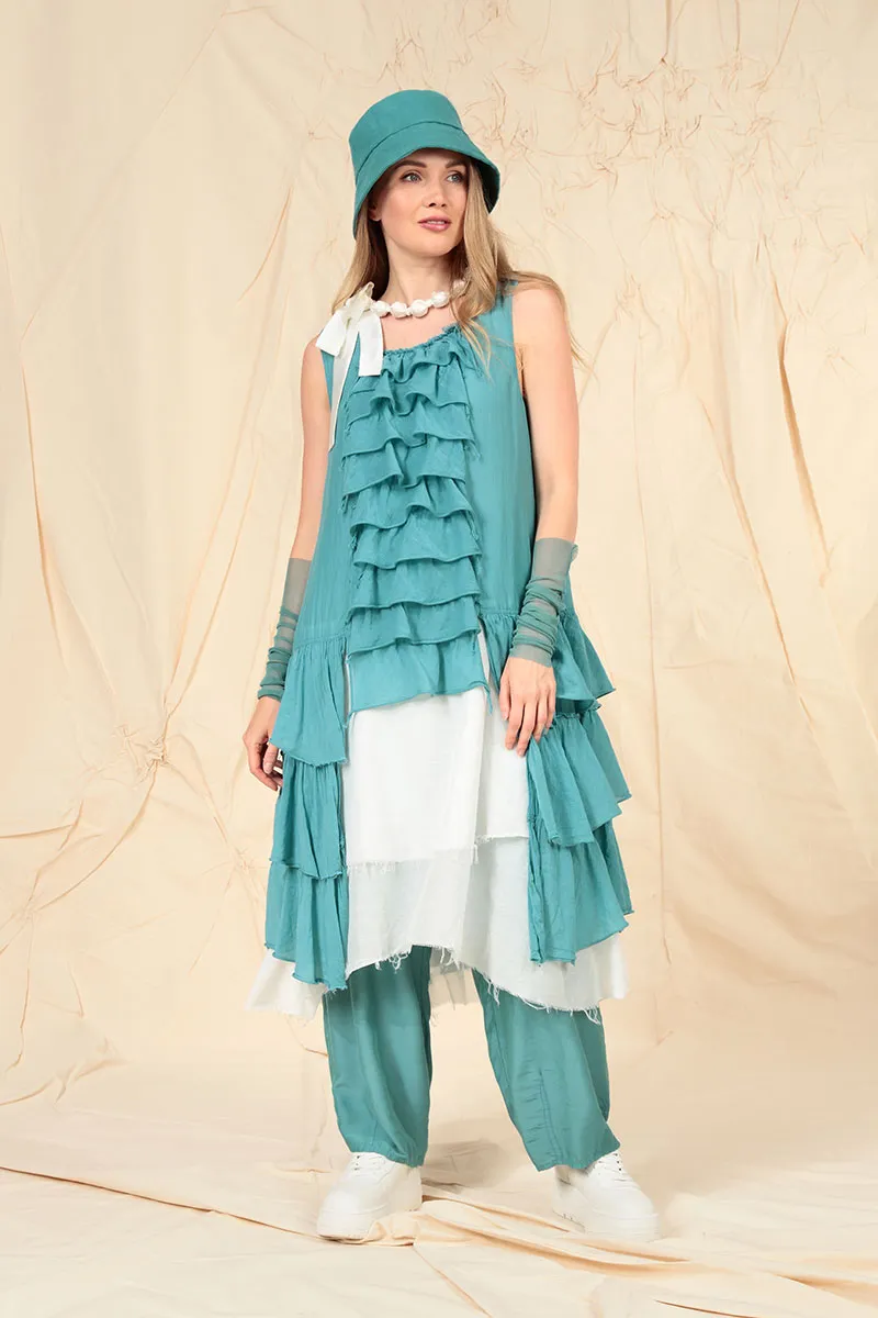 Ruffled Layered Turquoise Silk Cotton Tunic