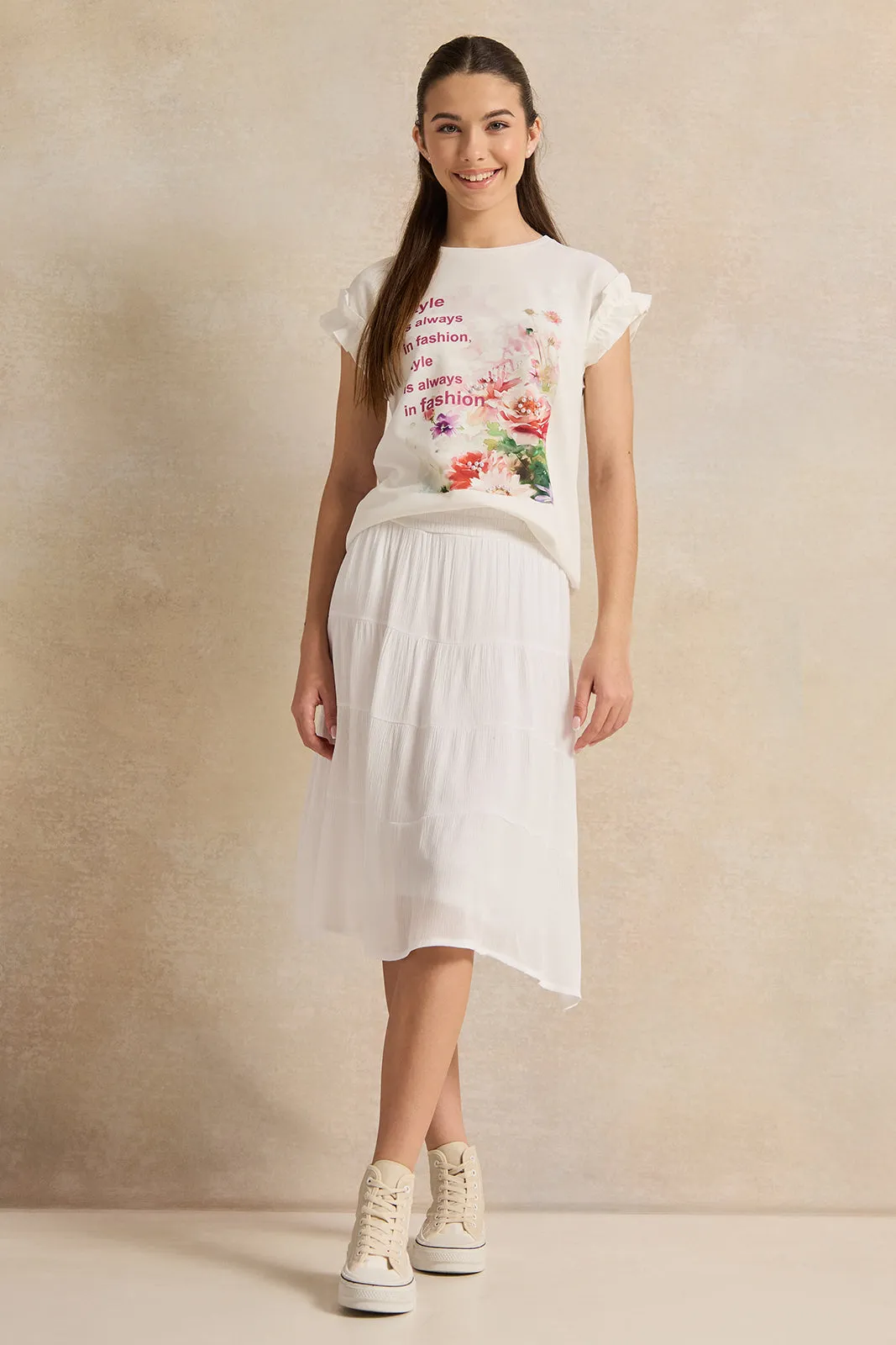 Senior Girls White Embellished Ruffled Sleeve Top