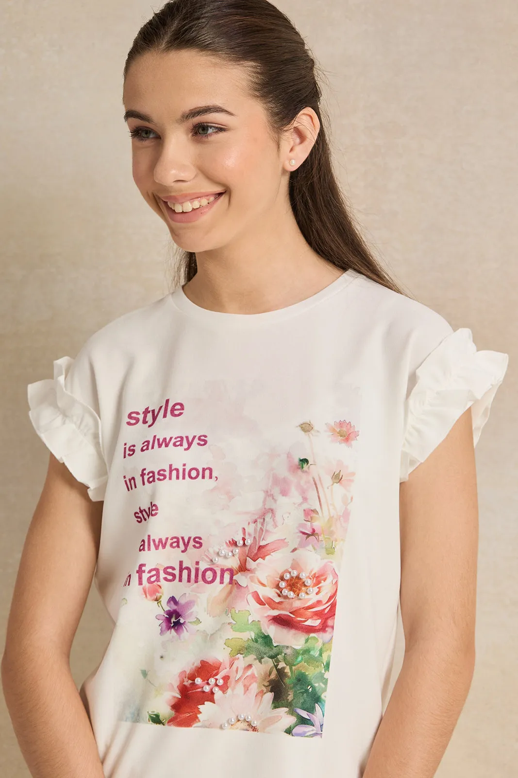 Senior Girls White Embellished Ruffled Sleeve Top