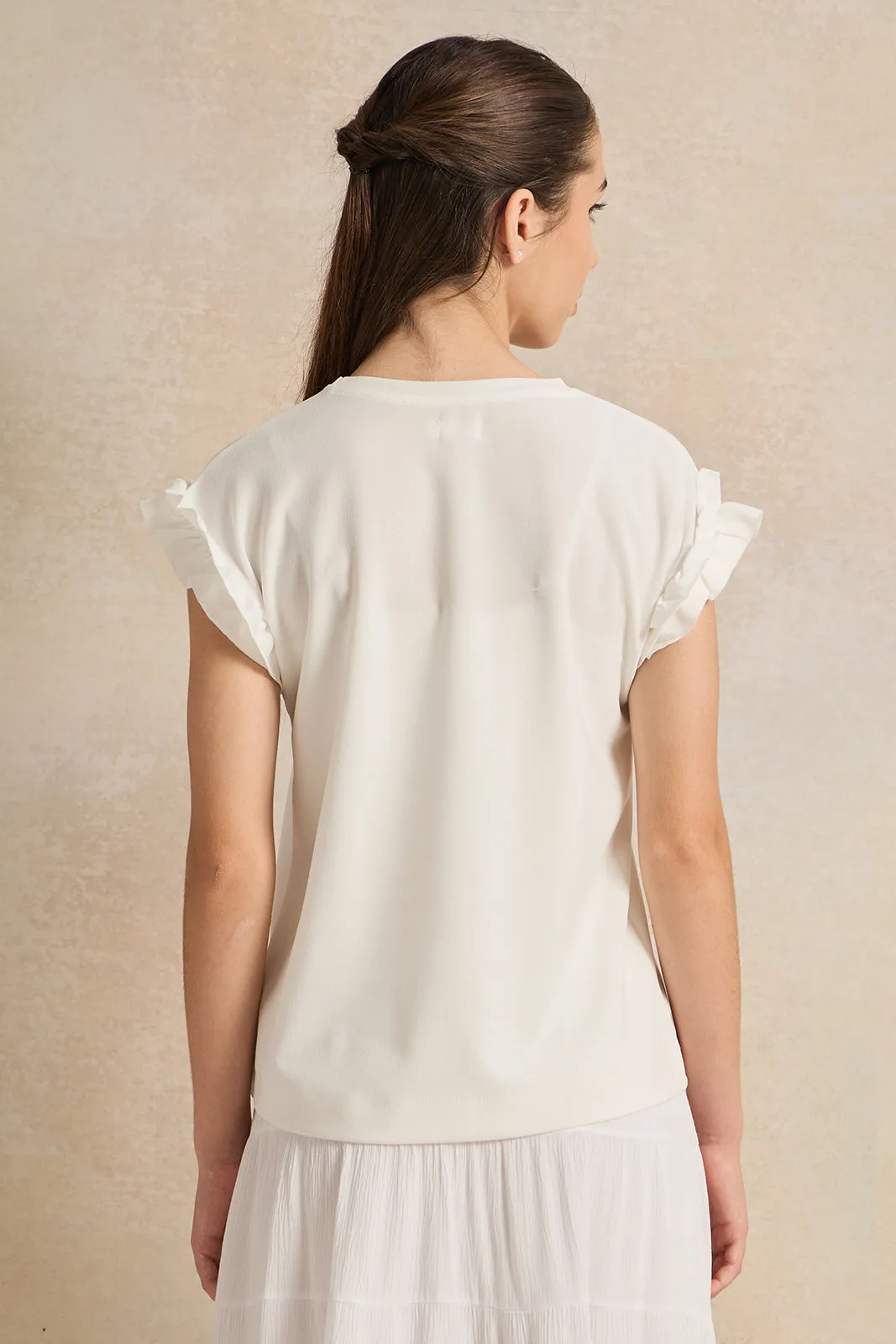 Senior Girls White Embellished Ruffled Sleeve Top