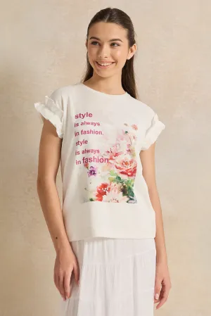 Senior Girls White Embellished Ruffled Sleeve Top