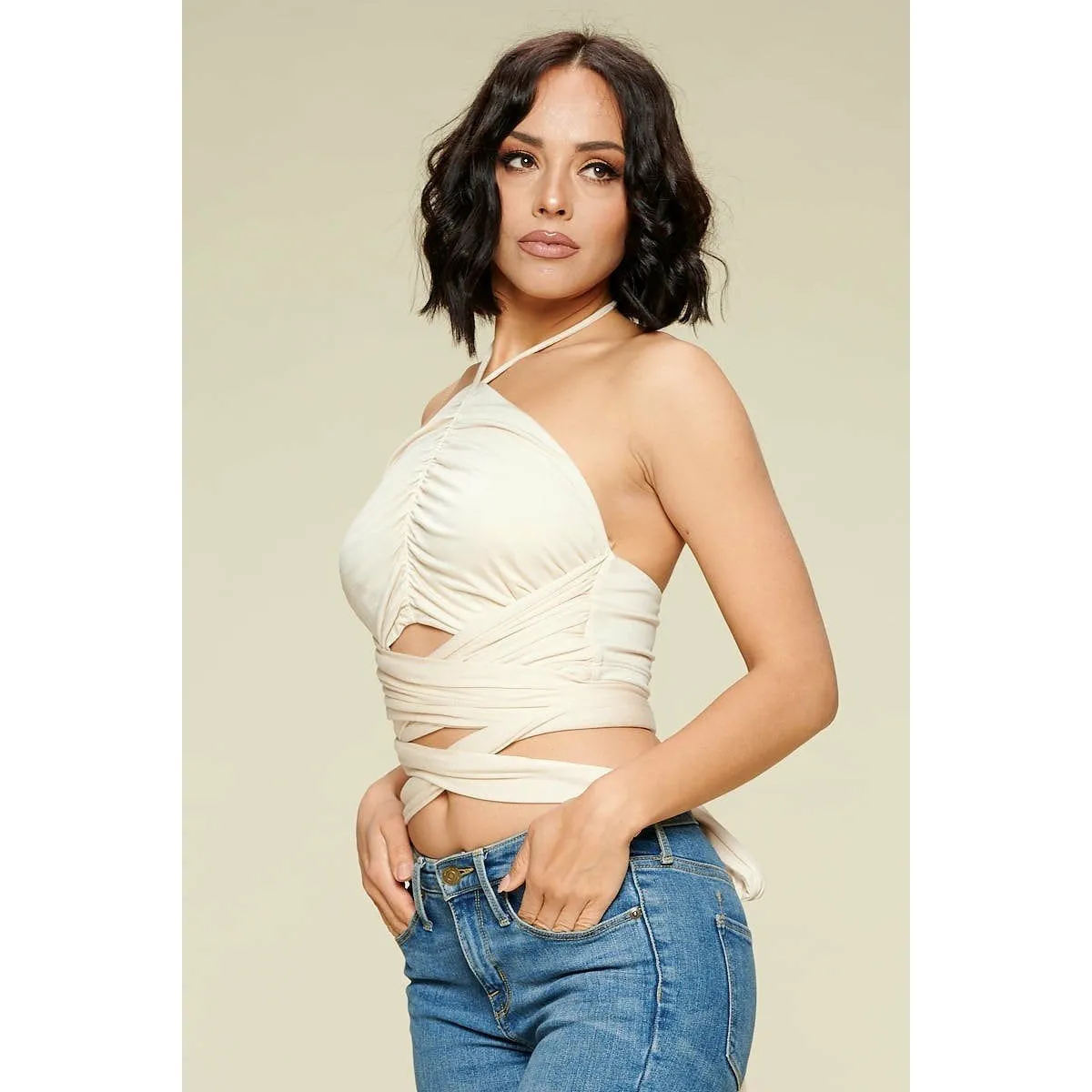 Sexy wrap Lace Crop Halter Top