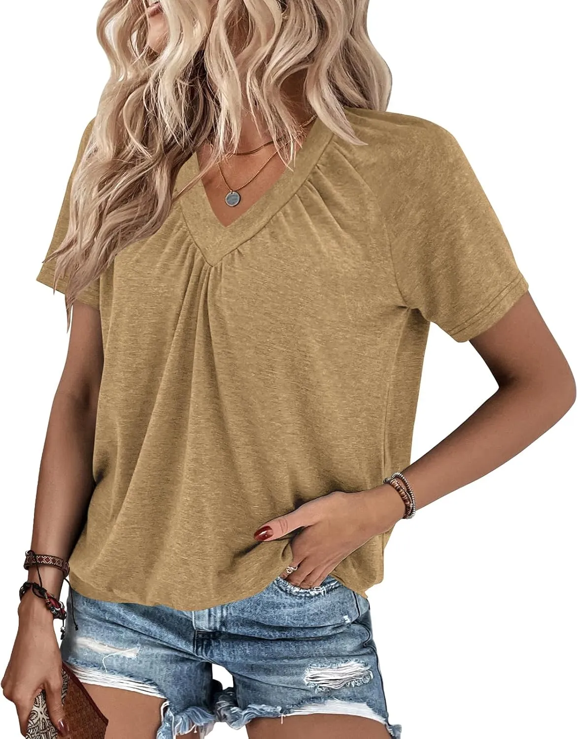 Summer Tops for Women 2025 Shorts Sleeve Womens Tops,V Neck Soft Casual Loose Fit Ruched Top T Shirts Tee Clothes
