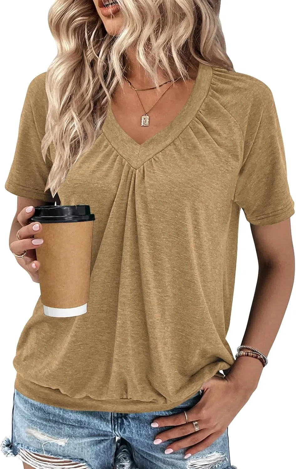 Summer Tops for Women 2025 Shorts Sleeve Womens Tops,V Neck Soft Casual Loose Fit Ruched Top T Shirts Tee Clothes