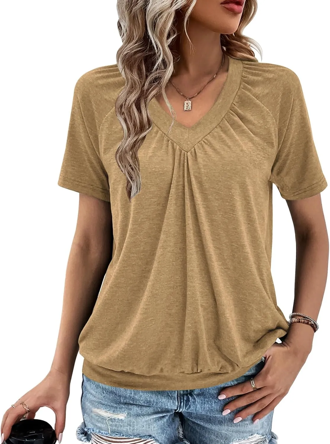 Summer Tops for Women 2025 Shorts Sleeve Womens Tops,V Neck Soft Casual Loose Fit Ruched Top T Shirts Tee Clothes