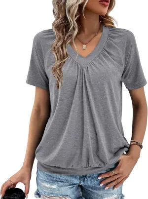 Summer Tops for Women 2025 Shorts Sleeve Womens Tops,V Neck Soft Casual Loose Fit Ruched Top T Shirts Tee Clothes
