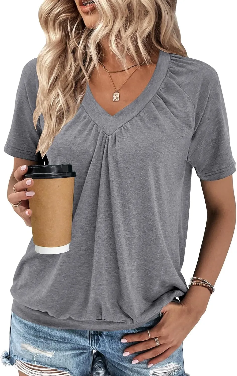 Summer Tops for Women 2025 Shorts Sleeve Womens Tops,V Neck Soft Casual Loose Fit Ruched Top T Shirts Tee Clothes