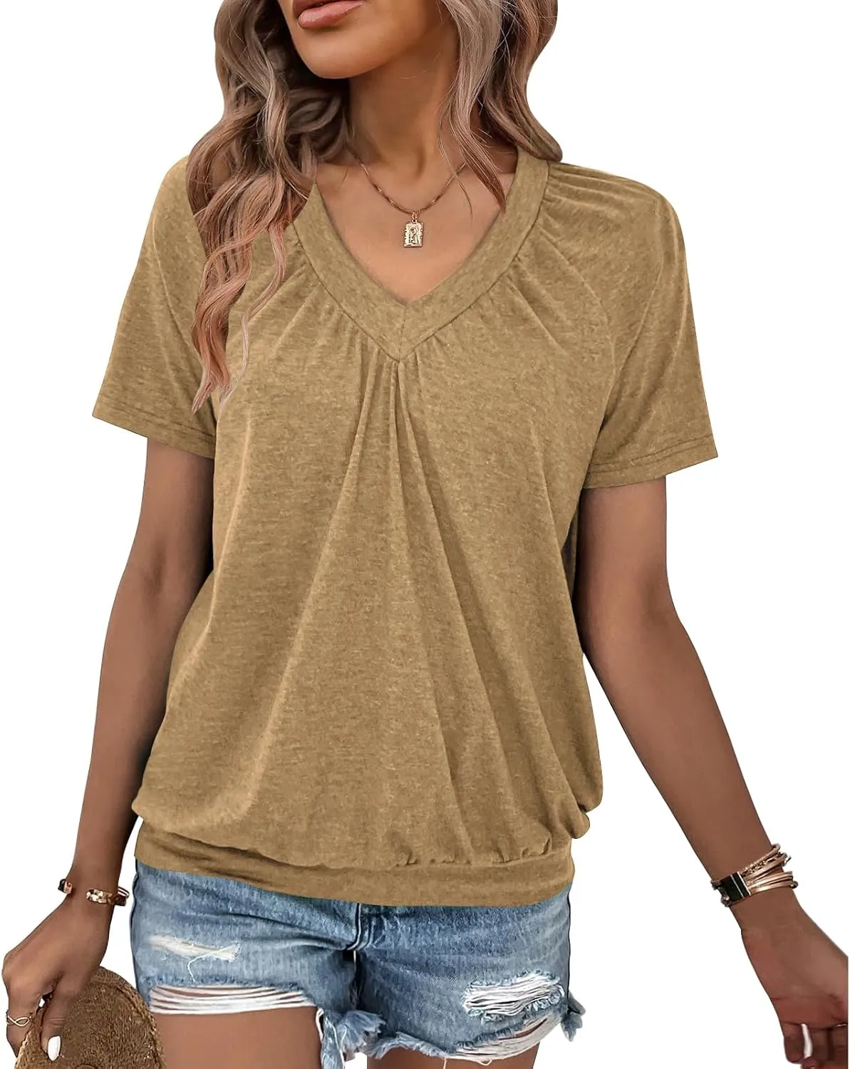 Summer Tops for Women 2025 Shorts Sleeve Womens Tops,V Neck Soft Casual Loose Fit Ruched Top T Shirts Tee Clothes